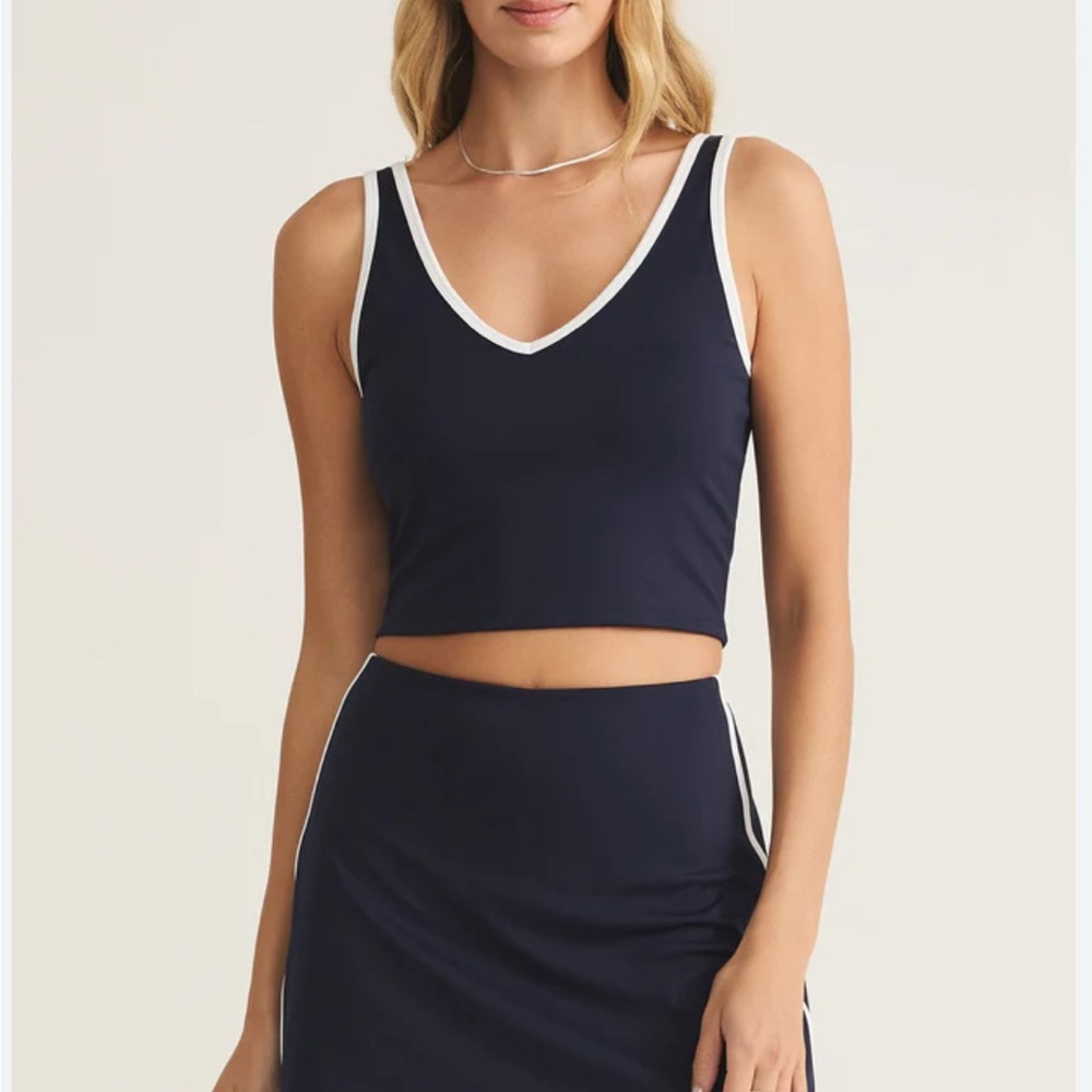Z Supply NEWPORT TOP cropped Tank Bra navy blue with white trim built in bra